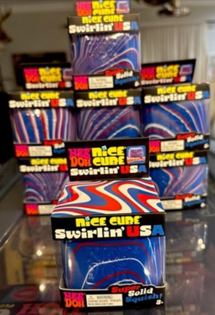 NeeDoh Nice Cube Swirlin' USA Squish Toy Red White Blue
